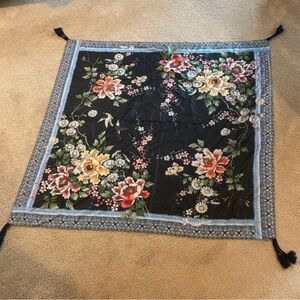 Johnny Was Floral Black Silk Scarf with Tassels